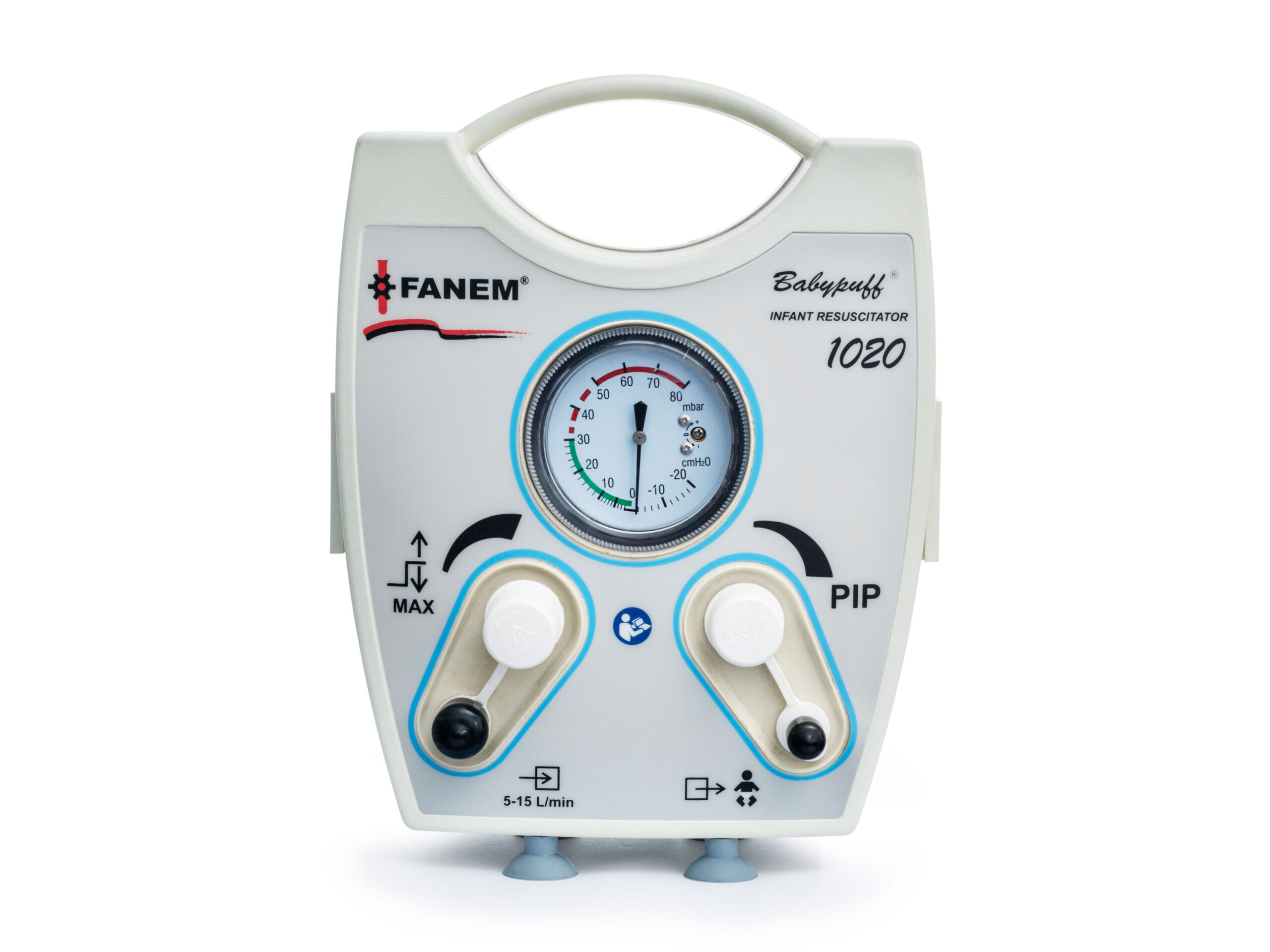 Pequeno equipamento ressuscitador babypuff da Fanem em fundo branco com  manômetro para oxigênio e válvulas de gás.