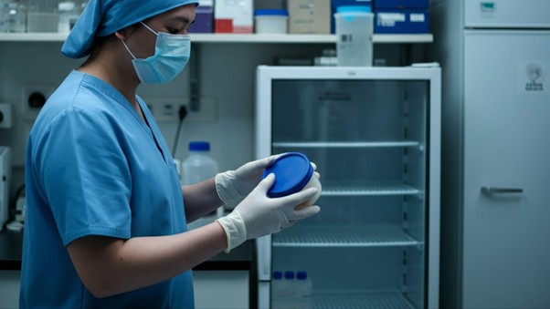 Mulher usando EPIs de laboratório, em pé, segurando o produto Mr Frosty fechado.